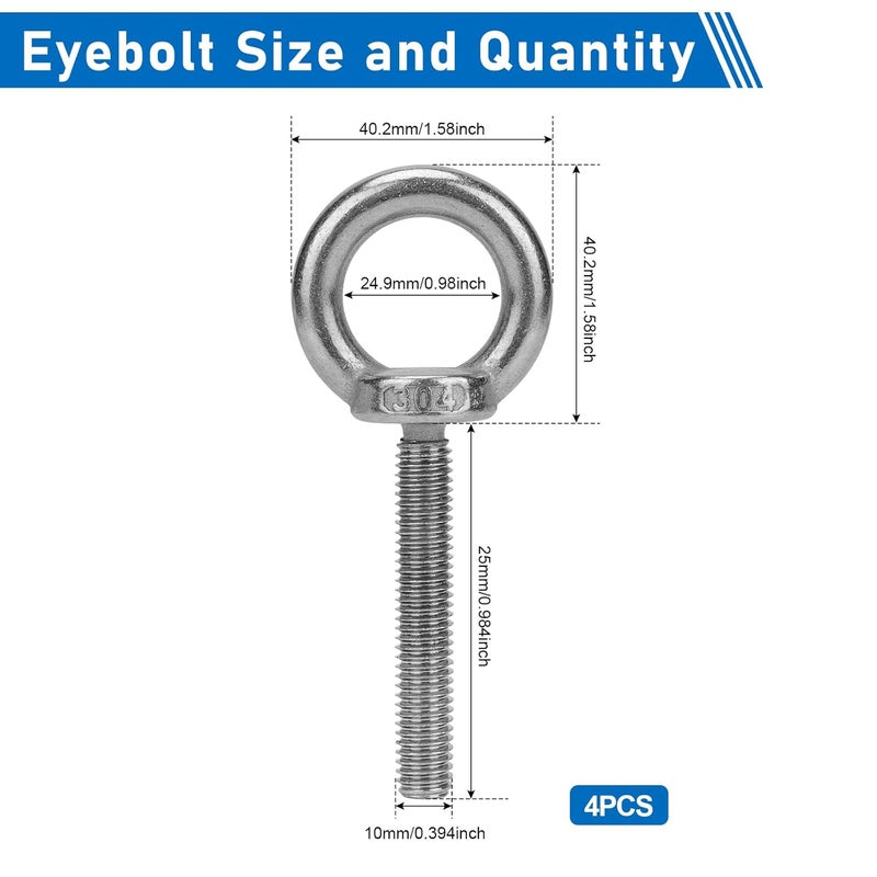 Vmuter 4 Pack M10 Stainless Steel Eye Bolts with Nuts 1" Thread Length - Eyebolts for DIY, Furniture, Swing, and Outdoor Use M10 x 25 - Image 2
